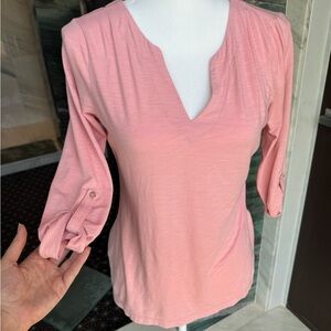 Singrid Olsen Women's Pink V-Neck Roll-Sleeve Top